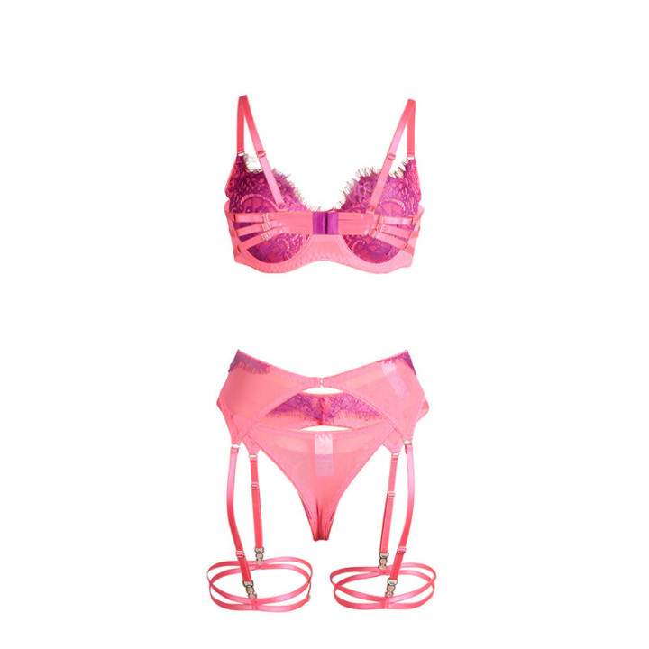 SUBBLIME 955359 SET SUJETADOR CON ENCAJE Y LIGUEROS ROSA Y MORADO S M