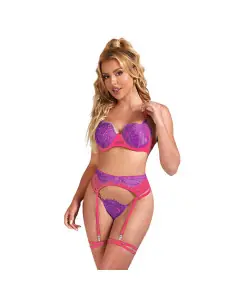 SUBBLIME 955366 SET SUJETADOR CON ENCAJE Y LIGUEROS ROSA Y MORADO L XL