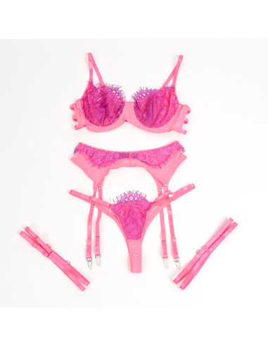 SUBBLIME 955366 SET SUJETADOR CON ENCAJE Y LIGUEROS ROSA Y MORADO L XL