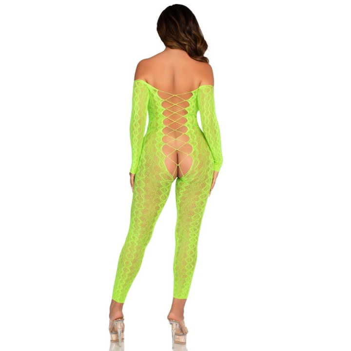 LEG AVENUE BODYSTOCKING SIN ENTREPIERNA DE ENCAJE DE SERPIENTE EXOTICA VERDE NEON