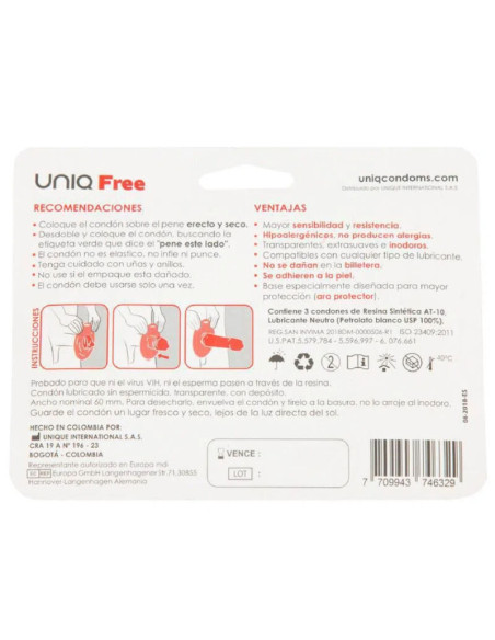 UNIQ FREE PRESERVATIVOS CON ARO PROTECTOR SIN LATEX 3 UNIDADES