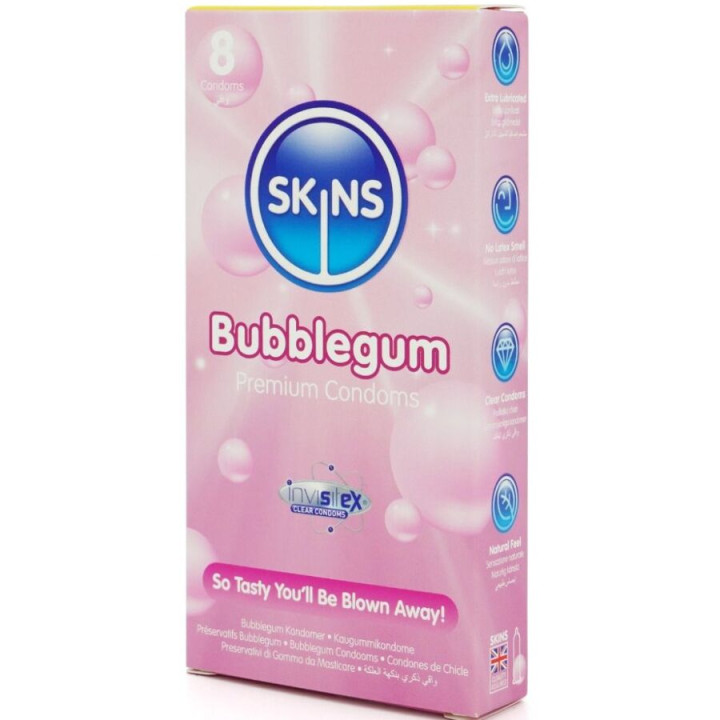 SKINS PRESERVATIVOS PREMIUM SABOR CHICLE PACK 8