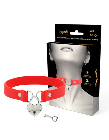 COQUETTE CHIC DESIRE COLLAR CUERO VEGANO ROJO ACCESORIO CORAZAN CON LLAVE
