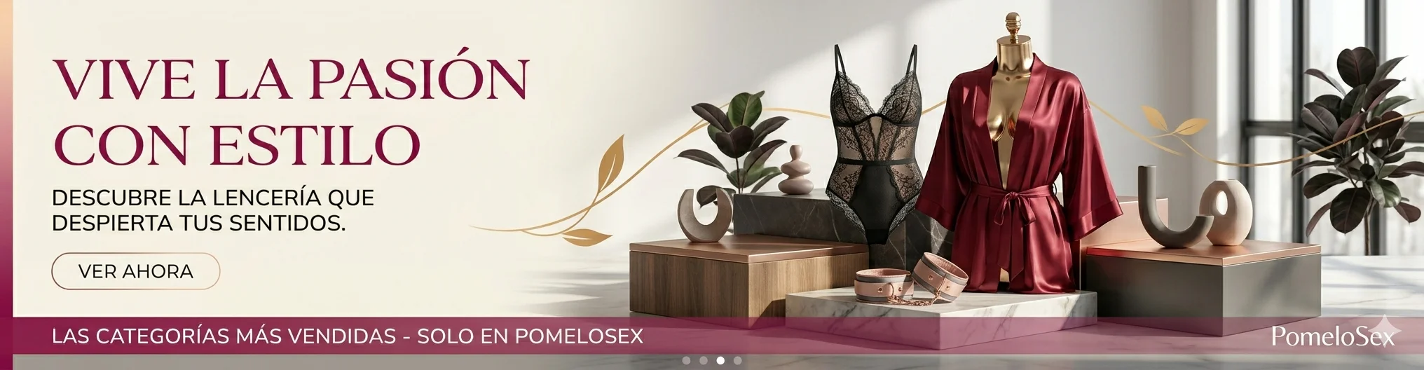 Carrusel de PomeloSex mostrando lencer&iacute;a er&oacute;tica y moda &iacute;ntima con el texto Vive la pasi&oacute;n con estilo.