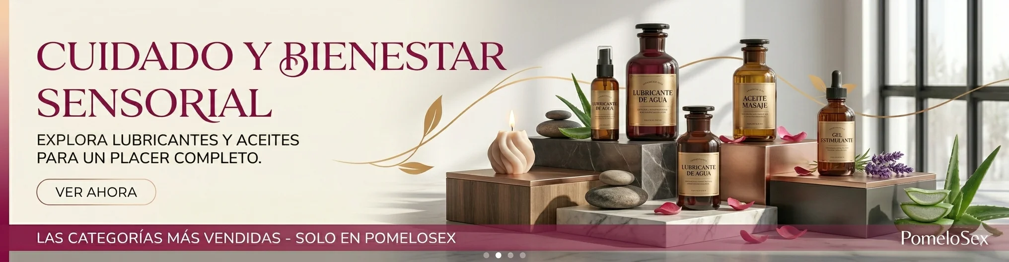 Gama de lubricantes de agua, aceites esenciales y geles estimulantes para el placer completo en el banner de PomeloSex.
